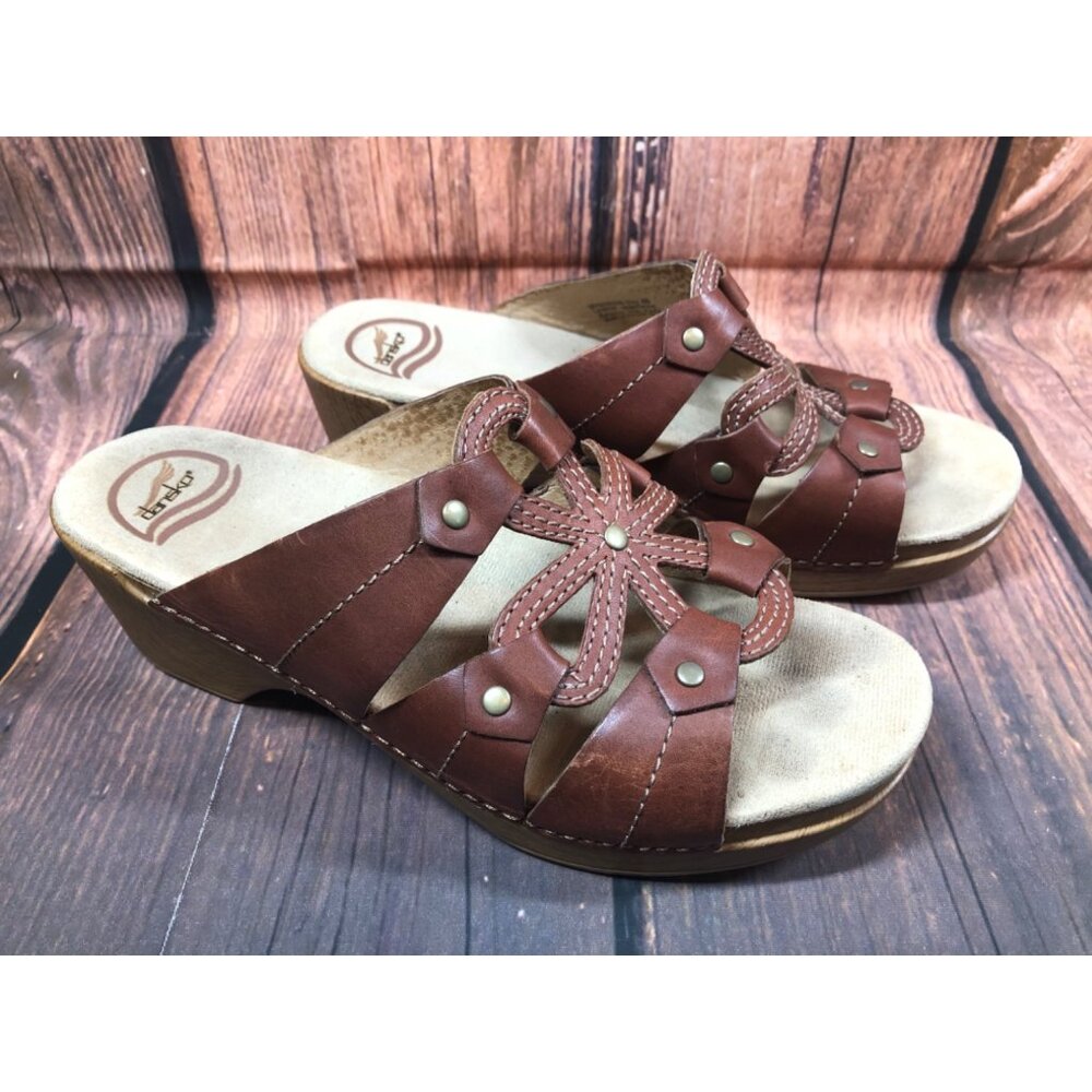 Dansko Serena Womens 40 / 9.5- 10 Brown Leather Slides Sandals  (6b1)